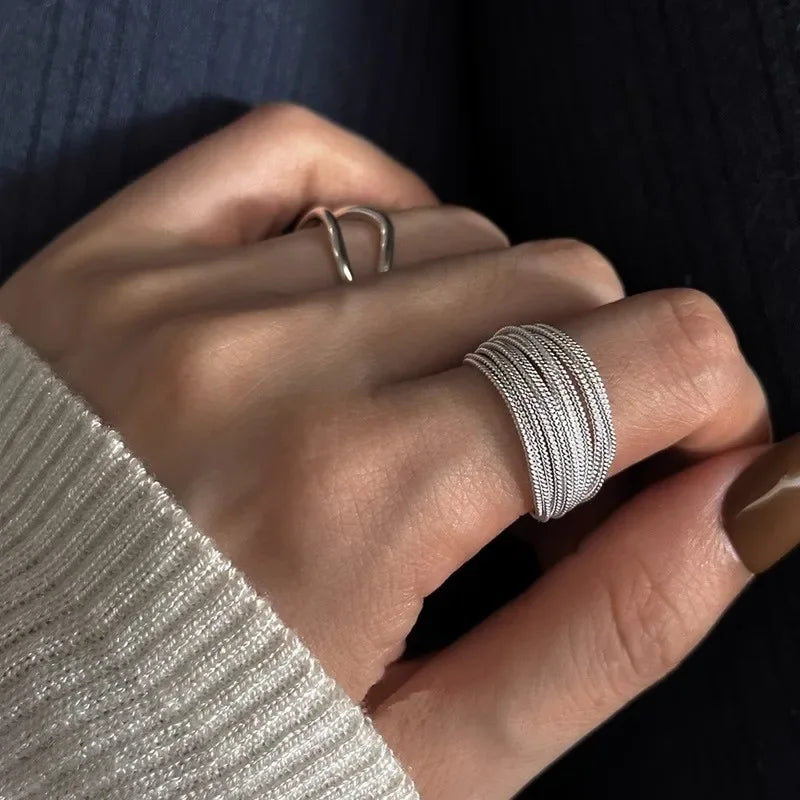 Unique Lines Ring For Women Fashion 925 Sterling Silver Jewelry Finger Adjustable Open Vintage Ring For Party Birthday Xmas Gift