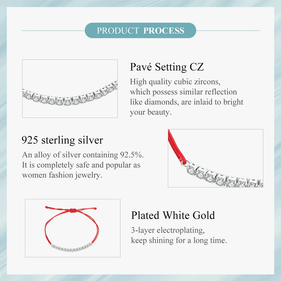 925 Sterling Silver Lucky Red Rope Bracelet Shiny Zircon Tennis Bracelet for Women Fine Jewelry Gift