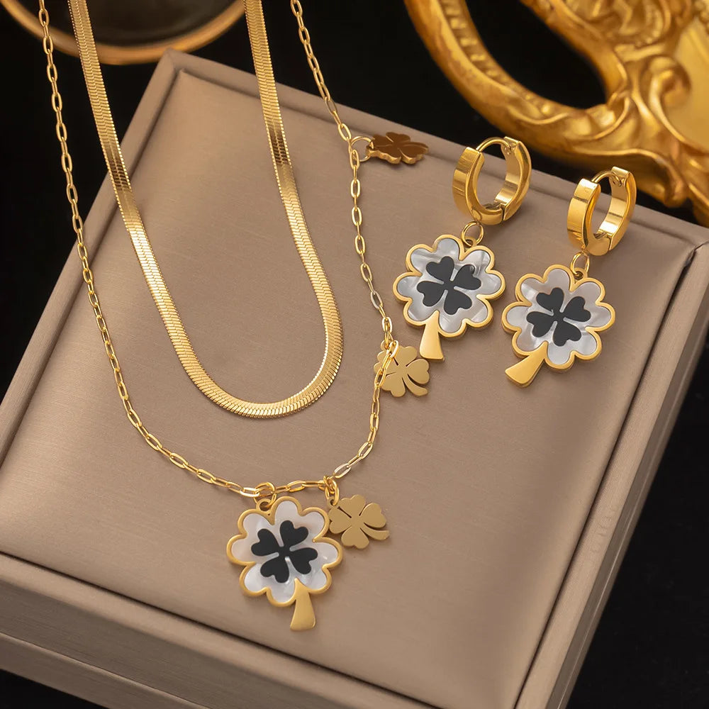 2024 Fashion Four-leaf Clover Stainless Steel Earrings Necklace Set For Women Lucky Turkish Blue Eyes Drop Pendant Daywear Jewelry