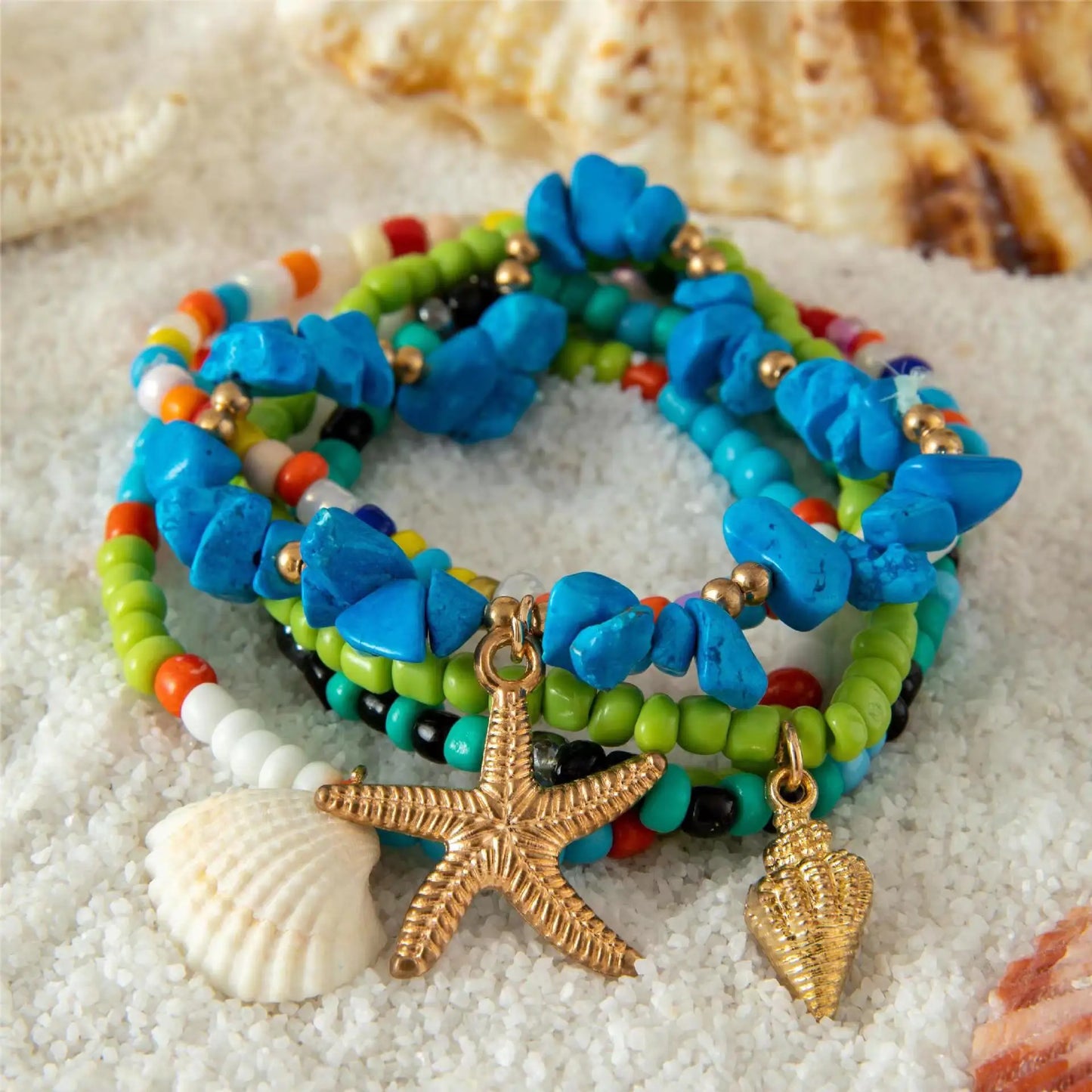 5-7pc/set Starfish Shell Ocean Conch Party Girl Hamsa Hand Bead Bohemia Bracelets For Women Female Jewelry