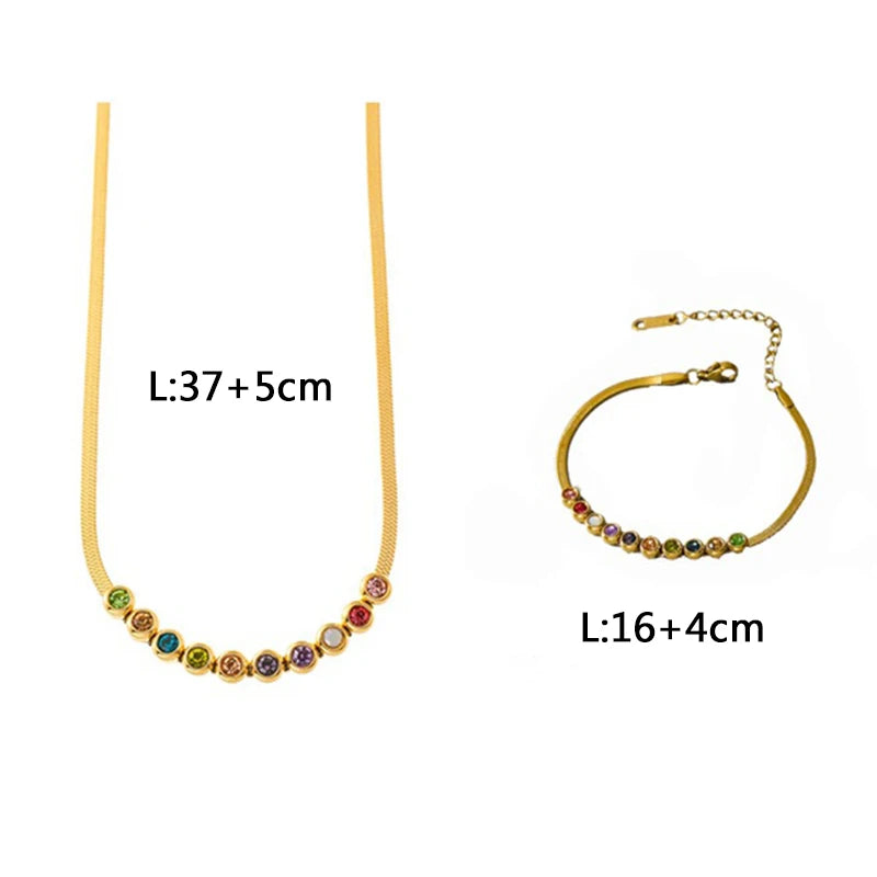 316L Stainless Steel Colourful Zircon Necklace Bracelet For Women New Vintage Lady Jewelry Set Party Lovers Gift Bijoux