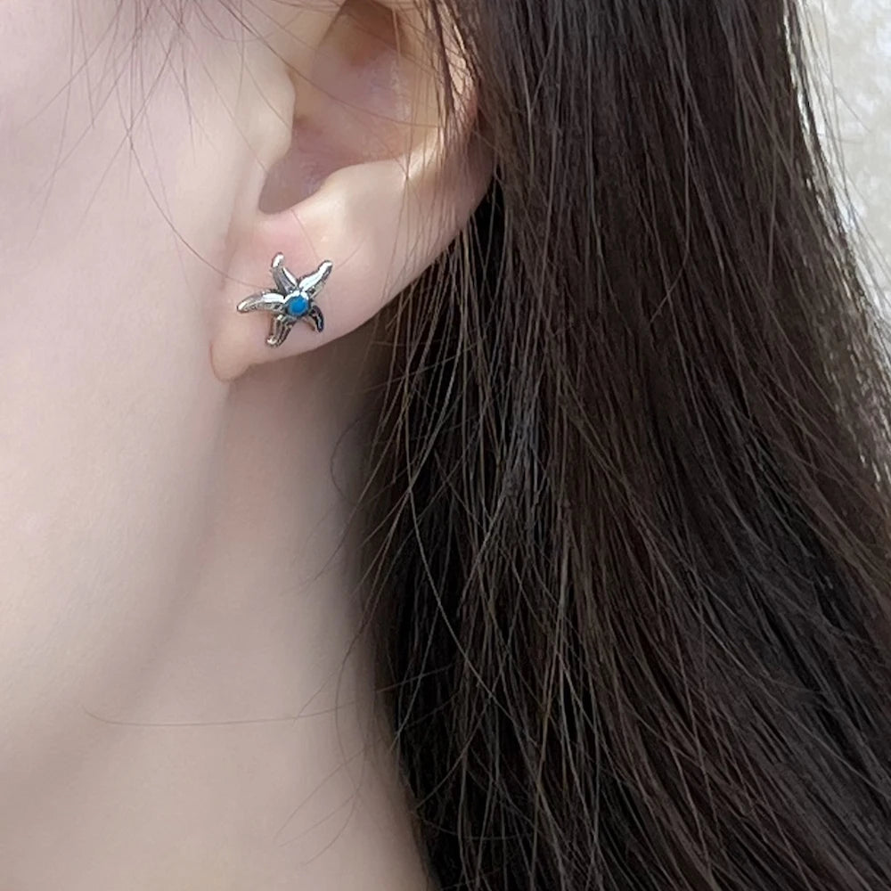 Blue Starfish Stud Earrings,Europe Style Fine Jewerly For Women Trendy Gift In 925 Sterling Silver