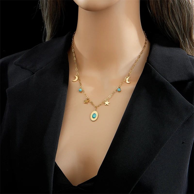 316L Stainless Steel Green Stone Crystal Necklace For Women Bohemian Ethnic Chain Choker Wedding Party Jewelry Gift