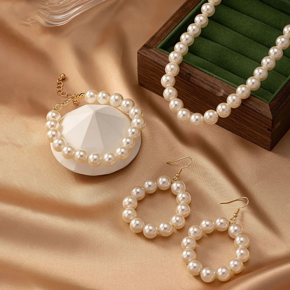 Jewelry Set For Women Imitation Pearl Necklace Bracelet Stud Earrings Retro Fashion Temperament Party Gift OL Holiday