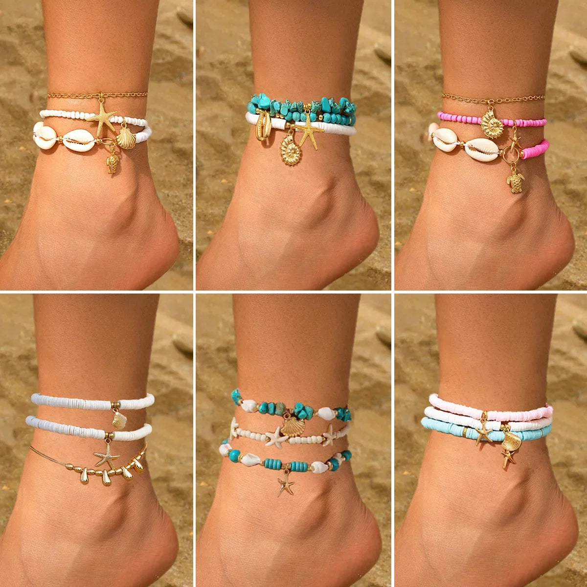 European and American jewelry ocean fan shell rice turquoise anklet female beach starfish beaded anklet foot