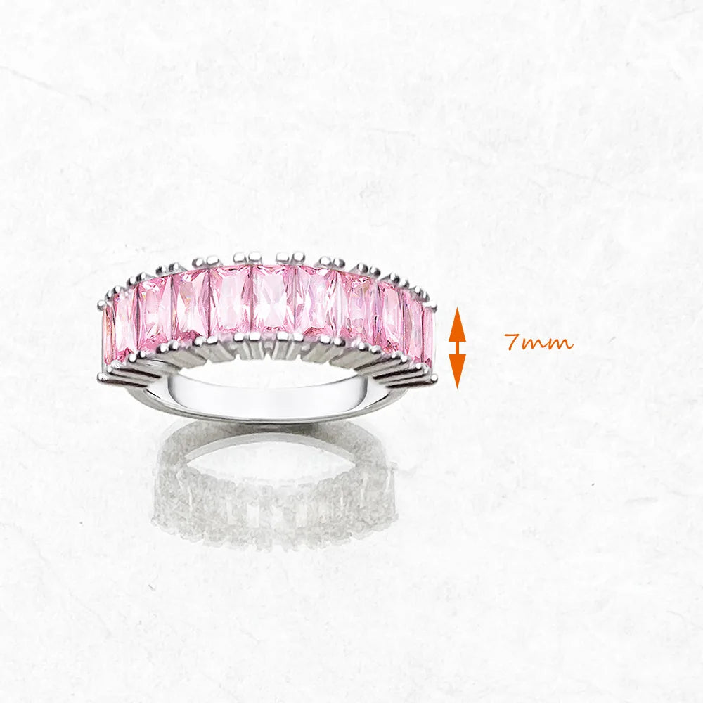 Band Ring Pink Stones Pavé Europe Style Fine Jewelry For Women Summer Brand New Pure 925 Sterling Silver Trendy Gift