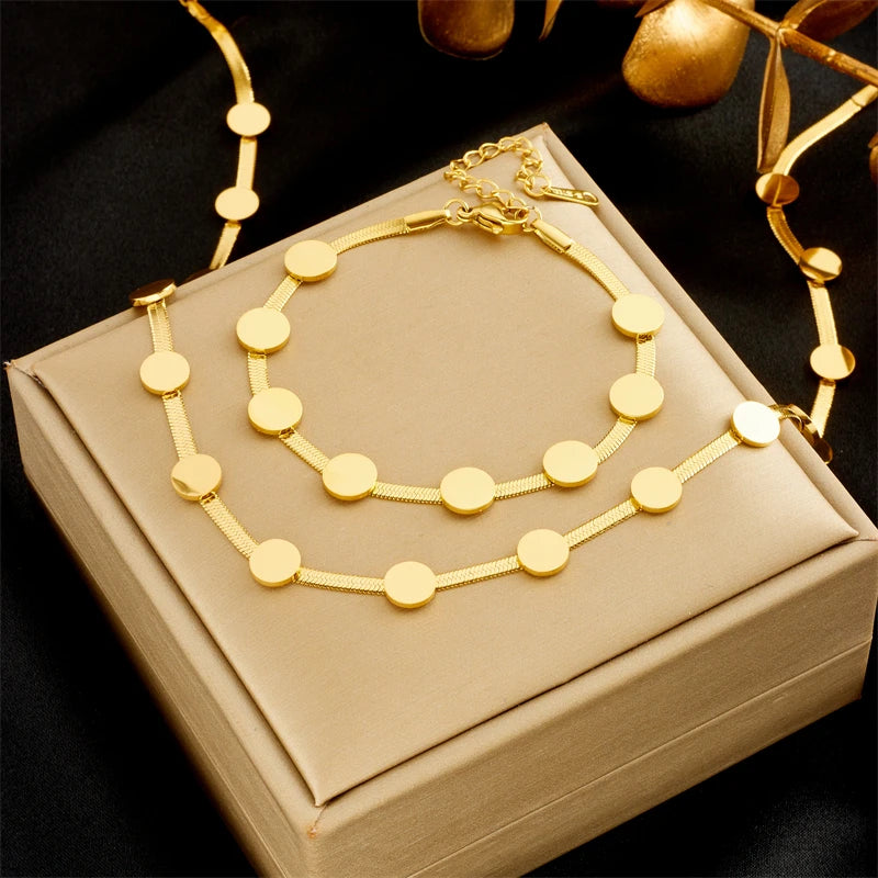 316L Stainless Steel Gold Color Round Choker Necklace Bracelets For Women Girl Fashion Non-fading Jewelry Set Accessory