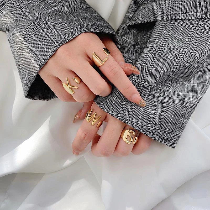 Neo Goth European and American Exaggerated Metal Letter Gold Color Rings For Woman Korean Fashion Jewelry Girl's Set Accessories