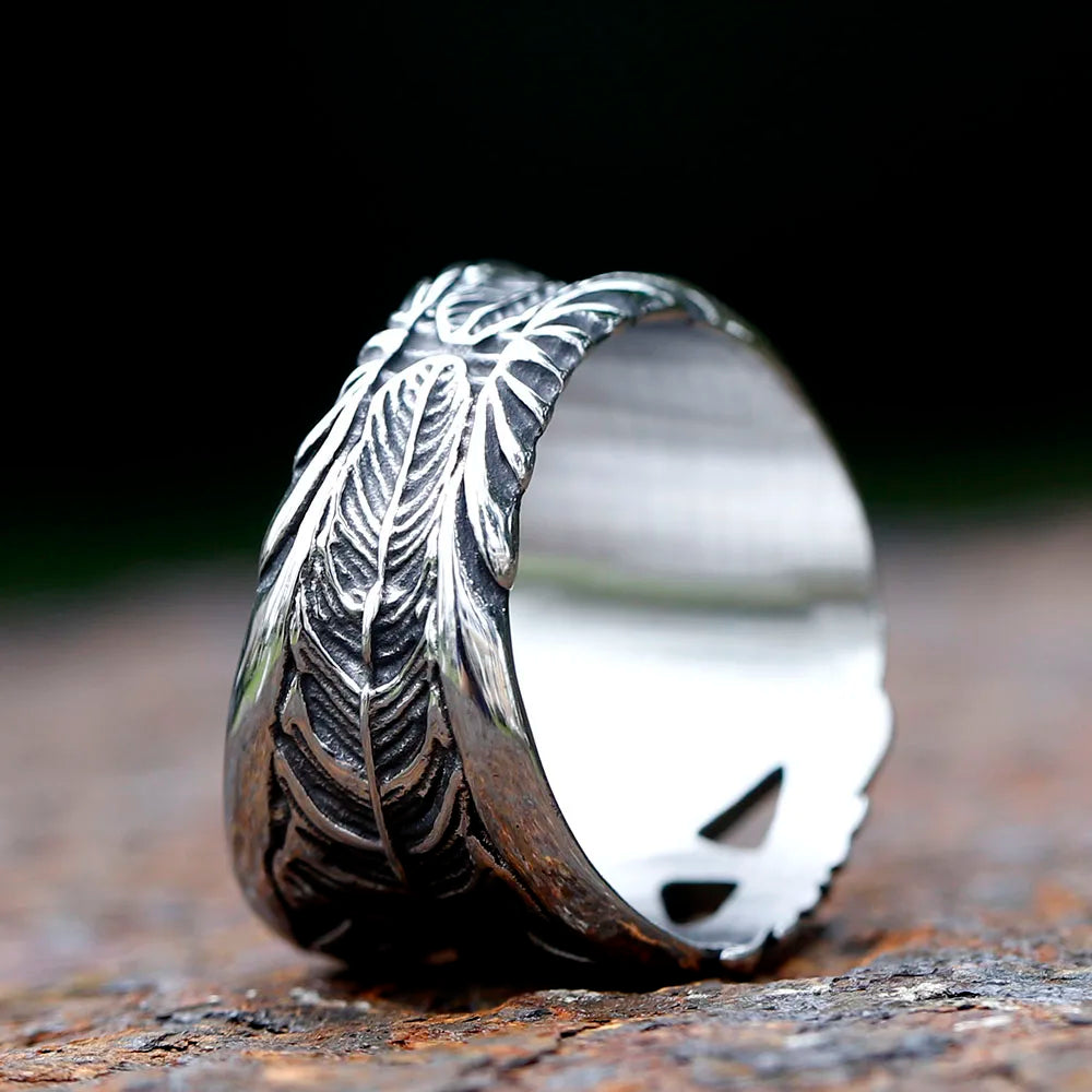 Octagram Ring 316L Stainless Steel Feather Men Ring Hollow Punk Rock Rap for Biker Male Friend Jewelry Creative Gift R-1201