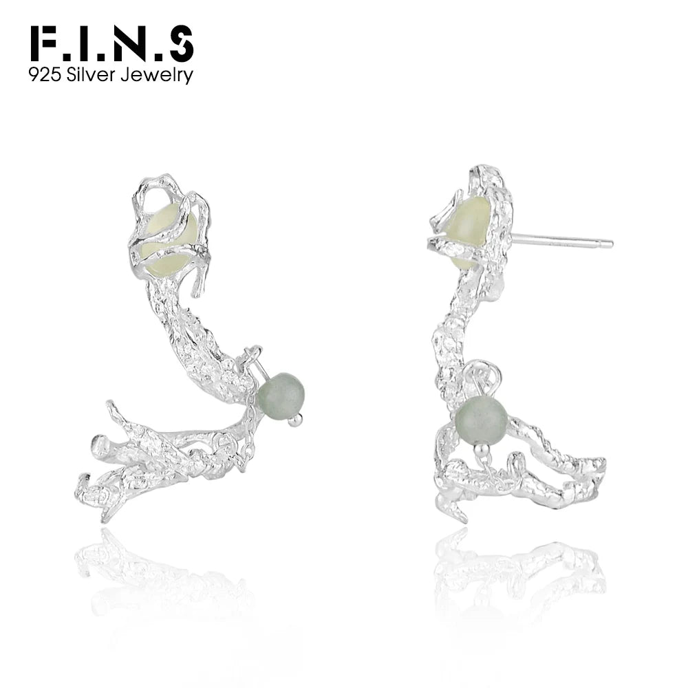 F.I.N.S Exaggerated Chinese 925 Sterling Silver Prehnit Stud Earrings Irregular Texture Stone Piercing Ear Catilage Fine Jewelry