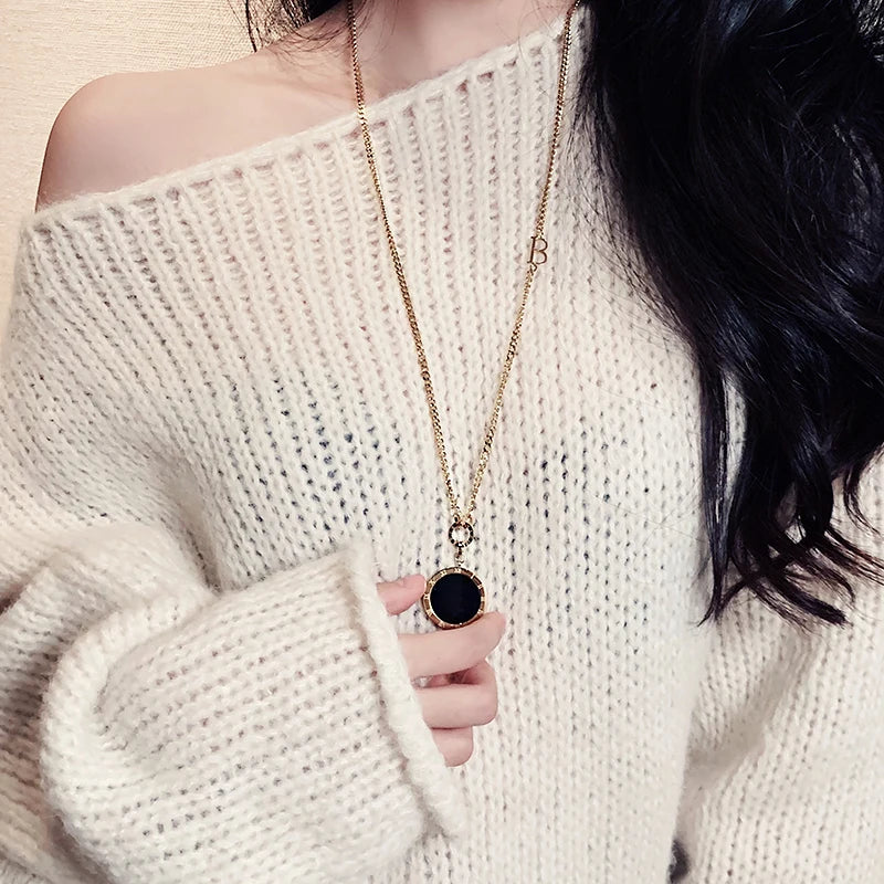 Shell Black and White Roman Wafer Pendant Stainless steel Long Necklace Fashion Sweater Chain Jewelry For Woman Accessories