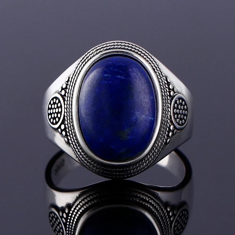 Sterling Silver 925 Ring Natural Big Oval Lapis Rings for Men Retro Luxury Fine Jewelry Party Anniversary Gift