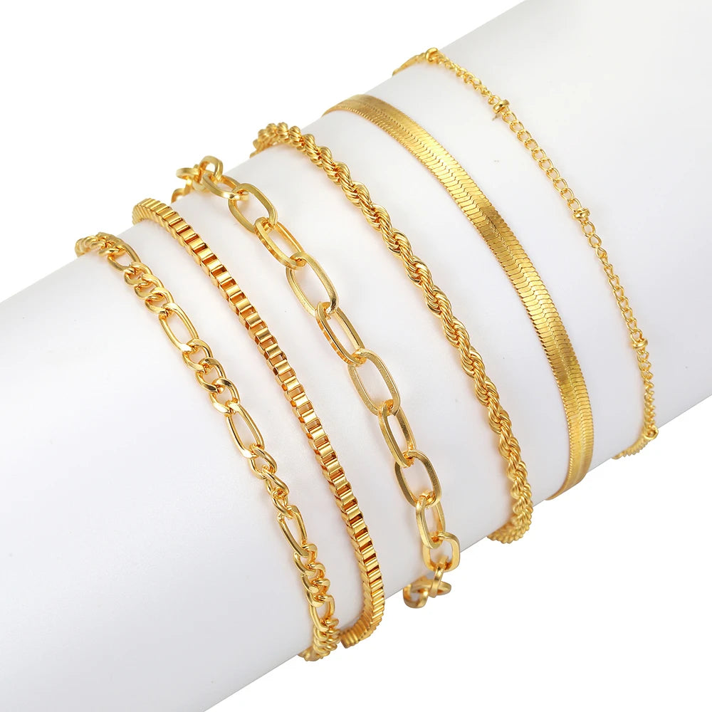 NEW 6Pcs Gold Color Bracelet Set Boho Retro Thick Twist Cuban Chain Bracelet for Women Trendy Quality Jewelry Gifts