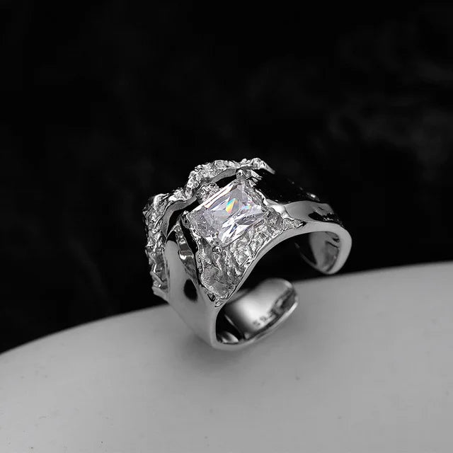 F.I.N.S Punk S925 Sterling Silver Zircon Ring Wide Open Resizable Index Mid Finger Ring Luxury Wedding Party Statement Ring Gift