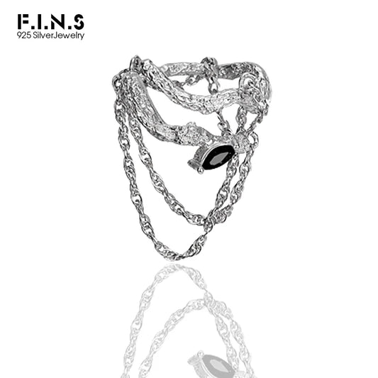 F.I.N.S Punk S925 Sterling Silver Zircon Inlaid Ring Ins Style Open Adjustable Rings Layered Chain Irregular Index Finger Ring