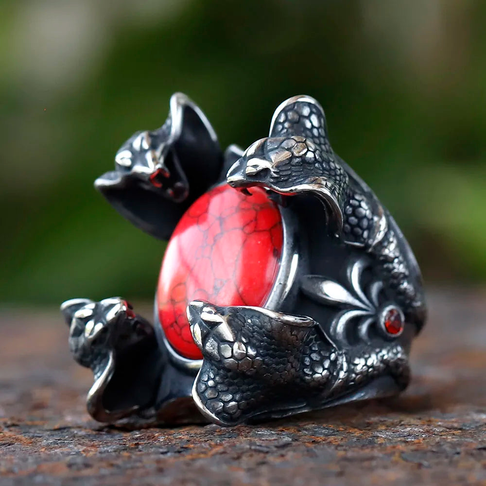 2024 New Creative 316L Stainless Steel Four snake heads and red zircon punk Ring For Men Fashion Biker animal Jewelry Gift