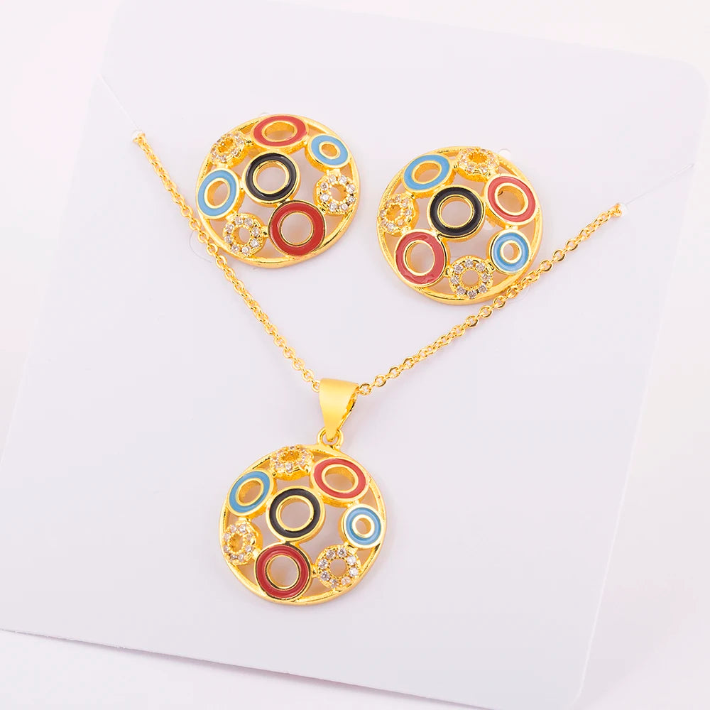 Fashion Creative Hollow Design Circle Colorful Zircon Necklace Earrings Luxury Party New Year Jewelry Sets