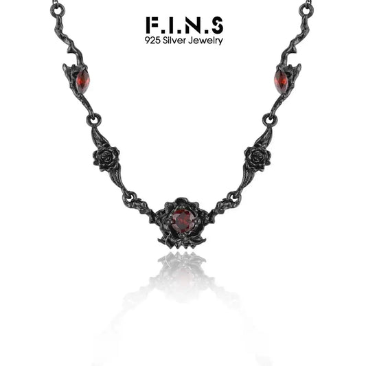 F.I.N.S Original Retro Old S925 Sterling Silver Black Rose Flower Necklace Women Vintage Red Zircon Clavicle Chain Fine Jewelry