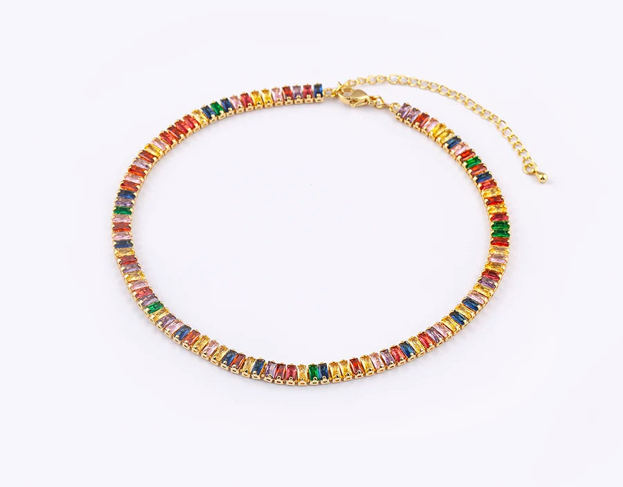 Classic Colorful Tennis Necklace Women Rectangular Full Zircon Neck Jewelry Adjustable Wedding Party Gift