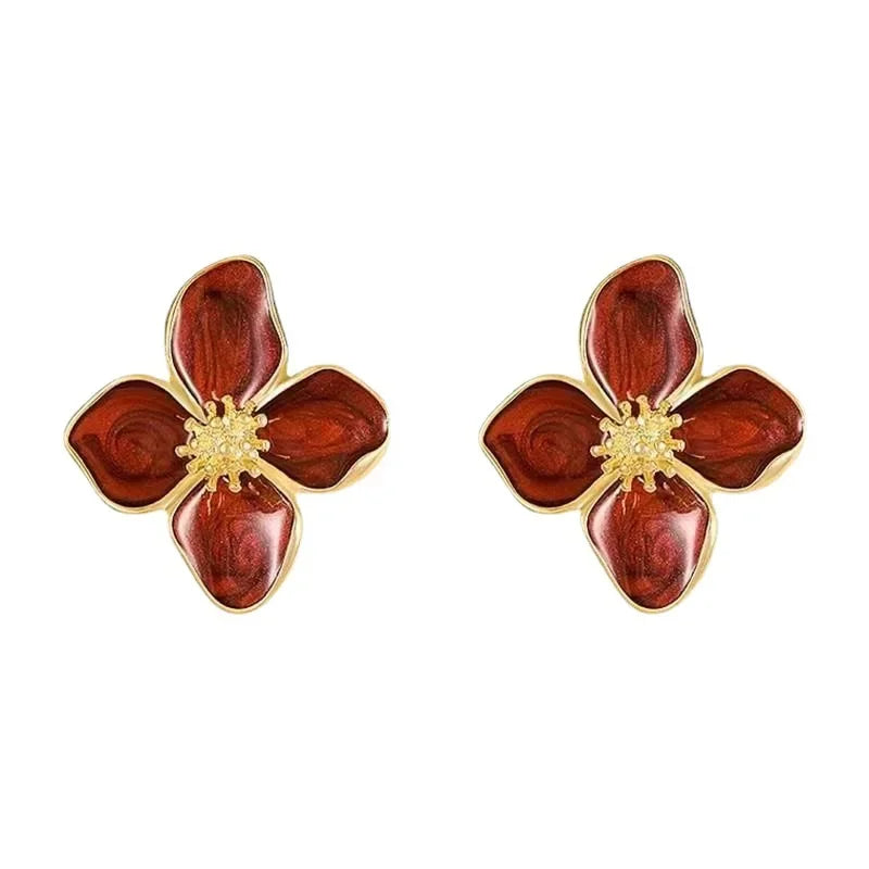 Fashion Korean Women Retro Drip Glaze Red Flower Earrings Women for Delicate Earrings Luxury Couple Engagement Jewelry Gift