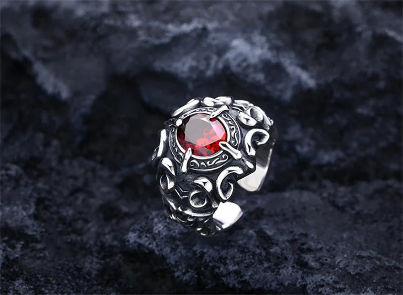 High Grade Carving Flower Ring 925 Silver Male Jewelry Open Size Trendy Crystal Red Oval Ring For Men Accessories Open Size