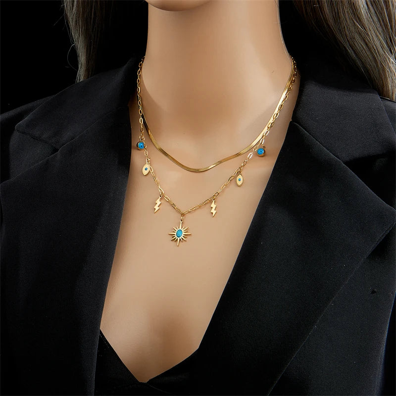 316L Stainless Steel Green Stone Crystal Necklace For Women Bohemian Ethnic Chain Choker Wedding Party Jewelry Gift