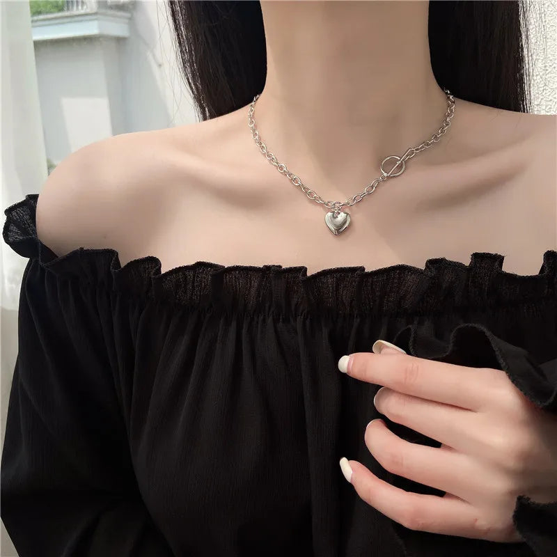 Punk Thick Lock Chain Heart Shape Pendant Choker Necklace for Women Retro Silver Color Metal Neck Chain Female Jewelry Gift