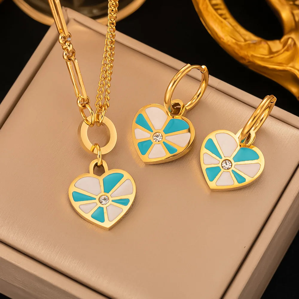 2024 Fashion Four-leaf Clover Stainless Steel Earrings Necklace Set For Women Lucky Turkish Blue Eyes Drop Pendant Daywear Jewelry