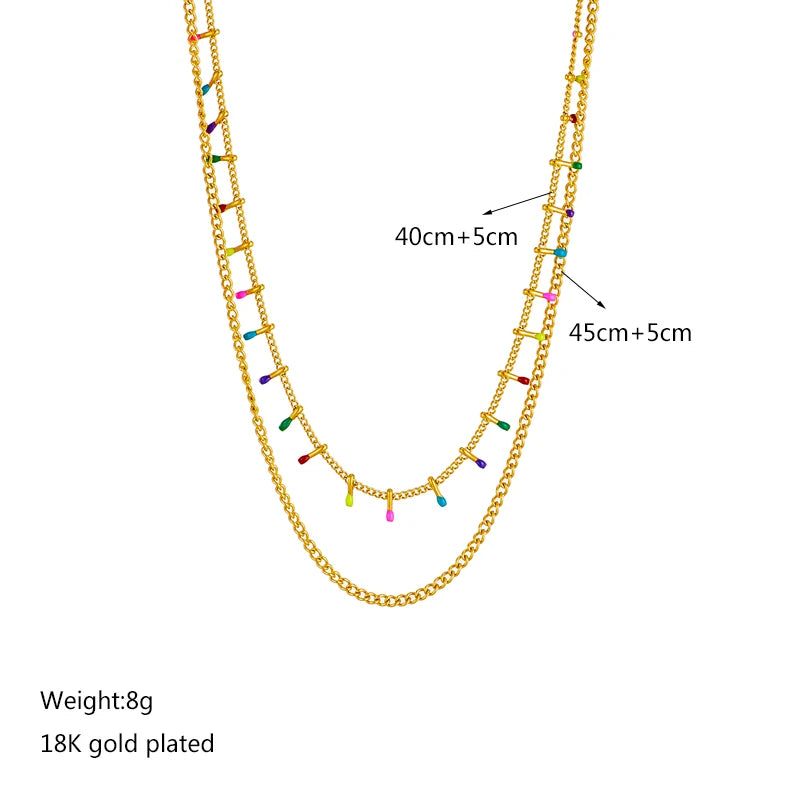 316L Stainless Steel Colour Decorated 2 Layers Chains Necklace For Women Fashion Girls Neck Jewelry Party Wedding Gift