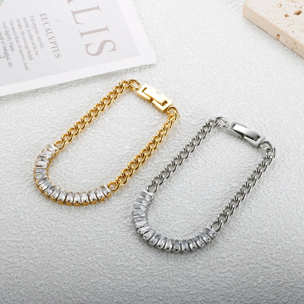 Luxury Cubic Zirconia Paneled Cuban Chain Bracelet 316L Stainless Steel White Square Crystal Bracele For Women Jewelry Wholesale