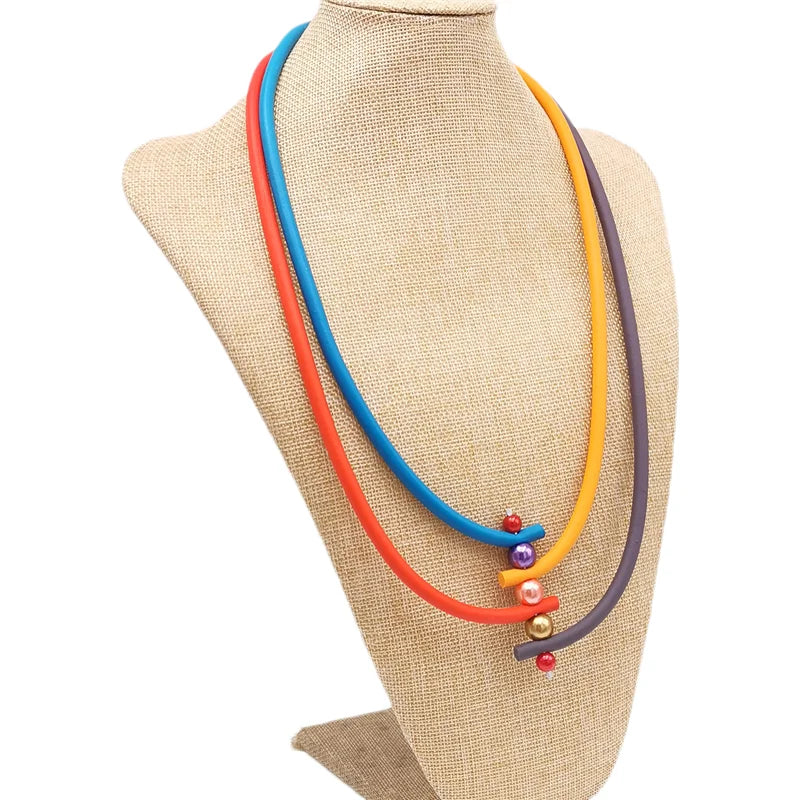 New 2024 Multicolor Rubber Necklaces For Women Gothic Pendant Sweater Choker Design Ethnic Jewelry Wood Accessories Necklace