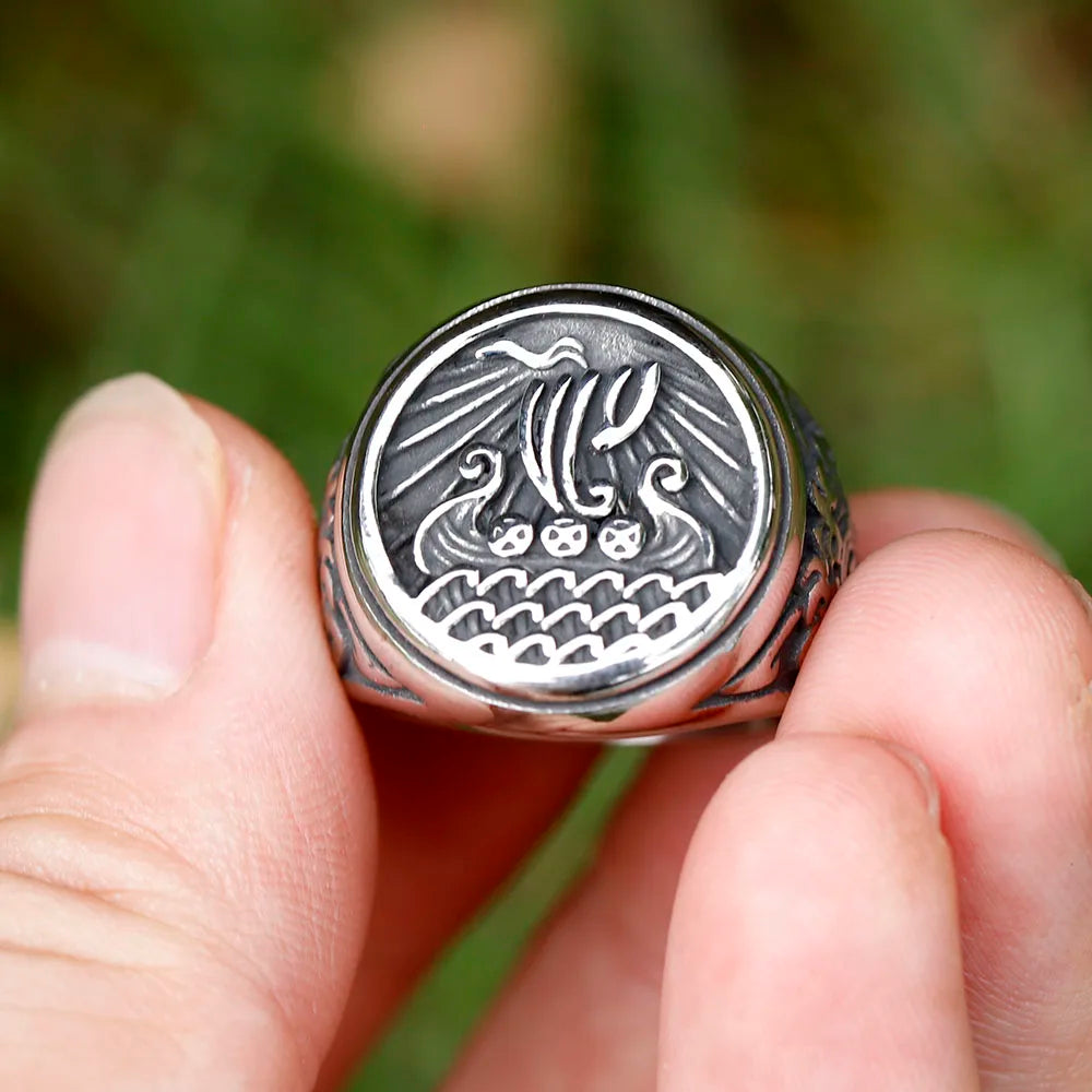 New Design Stainless Steel  Warrior Odin ship ring Amulet Jewelry Fashion Punk High Quality Jewelry for gift