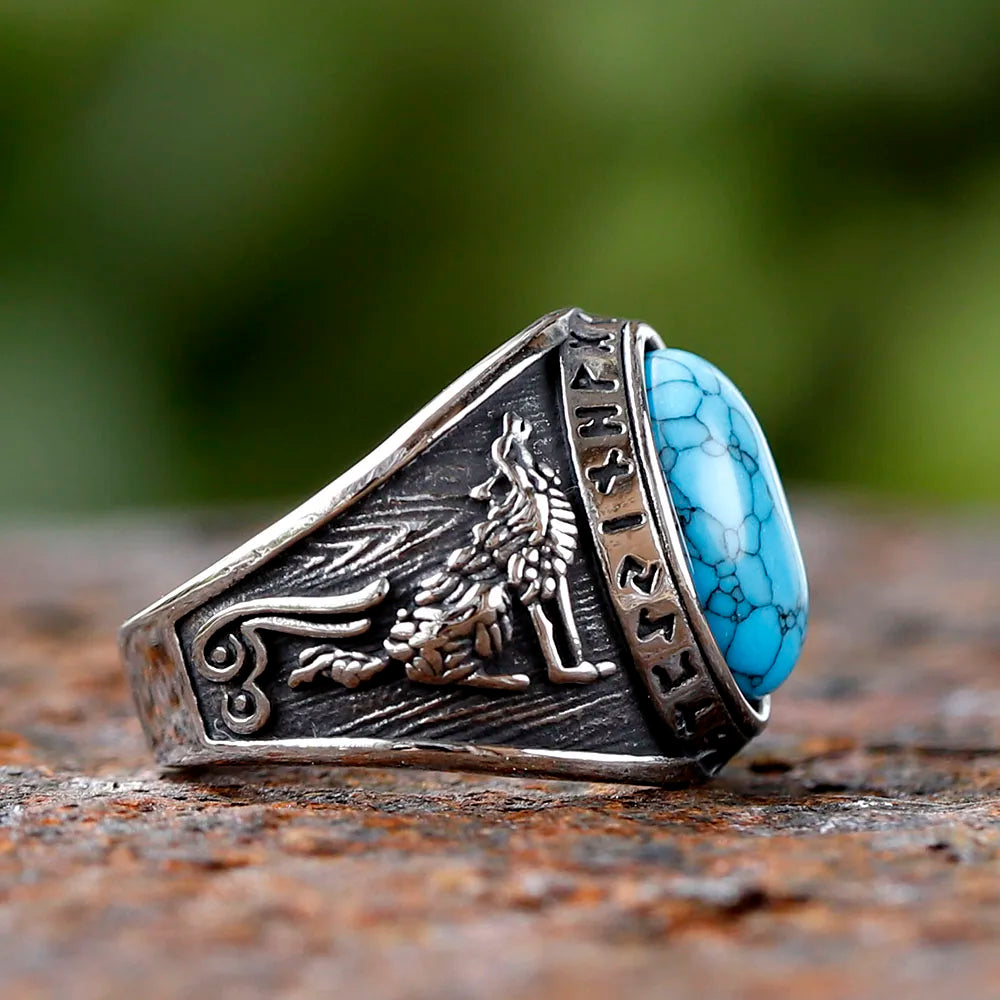 Fashion 316L Stainless Steel Viking rune and wolf Ring with green zircon Biker Cool Jewelry Wholesale Gift