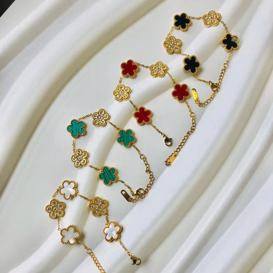 New Design Gold Plated Stainless Steel 316L Plant Flower Bracelet With Crystal Five Leaf Petals Women's Luxury Gifts Clover