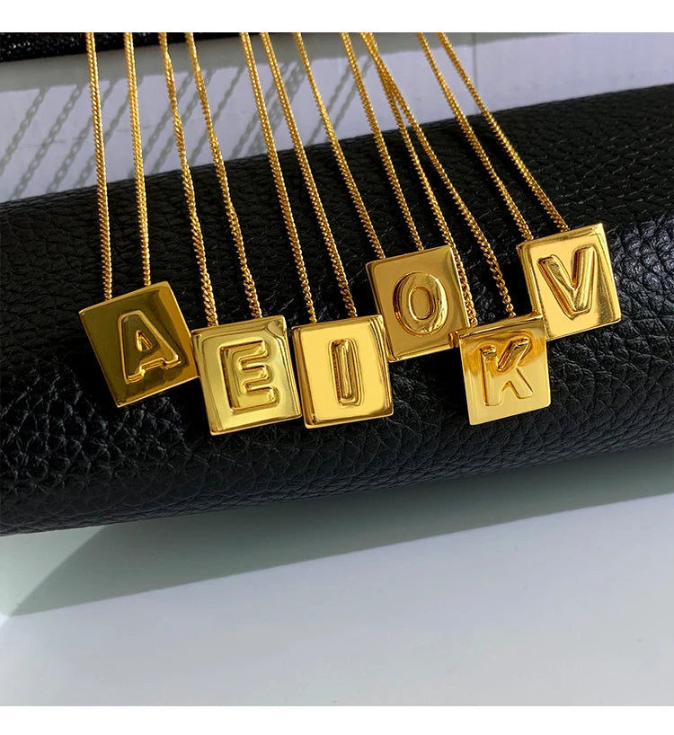 European and American Non Fading Gold Color Square Letter Pendant Stainless Steel Necklace For Womans Fashion Jewelry Necklace