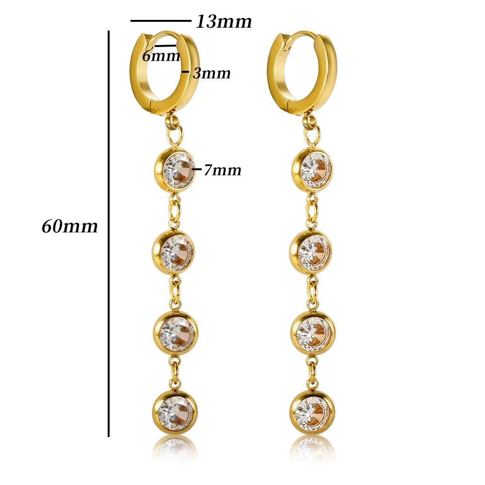 Stainless Steel Tassel Cubic Zirconia Long Hoop Earrings for Women Colorful Crystal Stone Stylish  Earrings Jewelry