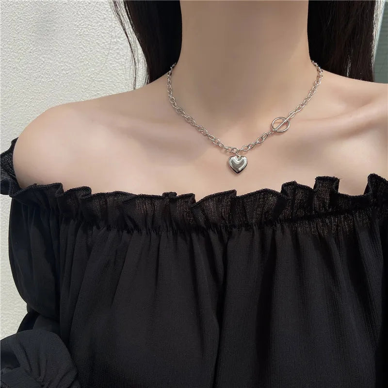 Punk Thick Lock Chain Heart Shape Pendant Choker Necklace for Women Retro Silver Color Metal Neck Chain Female Jewelry Gift