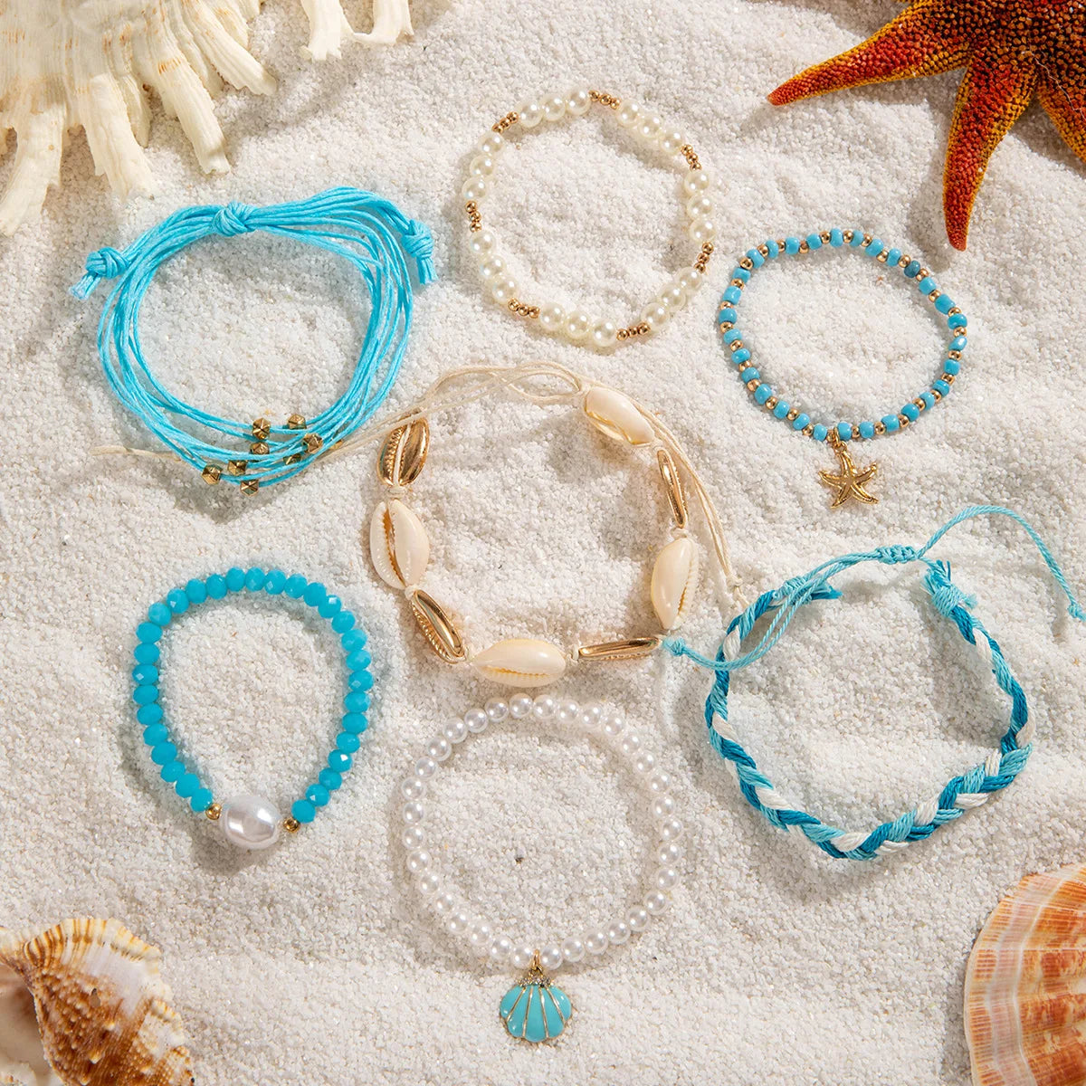 5-7pc/set Starfish Shell Ocean Conch Party Girl Hamsa Hand Bead Bohemia Bracelets For Women Female Jewelry