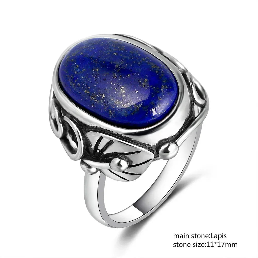 Sterling Silver 925 Ring Natural Big Oval Lapis Rings for Men Retro Luxury Fine Jewelry Party Anniversary Gift