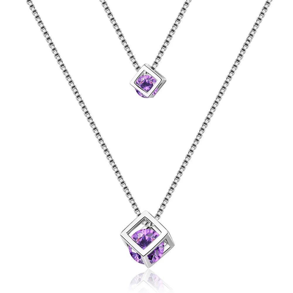 S925 Sterling Silver Love Cube Pendant For Women Double-Layer Clavicle Chain Pendant Necklace Necklace (40cm+3.5cm)