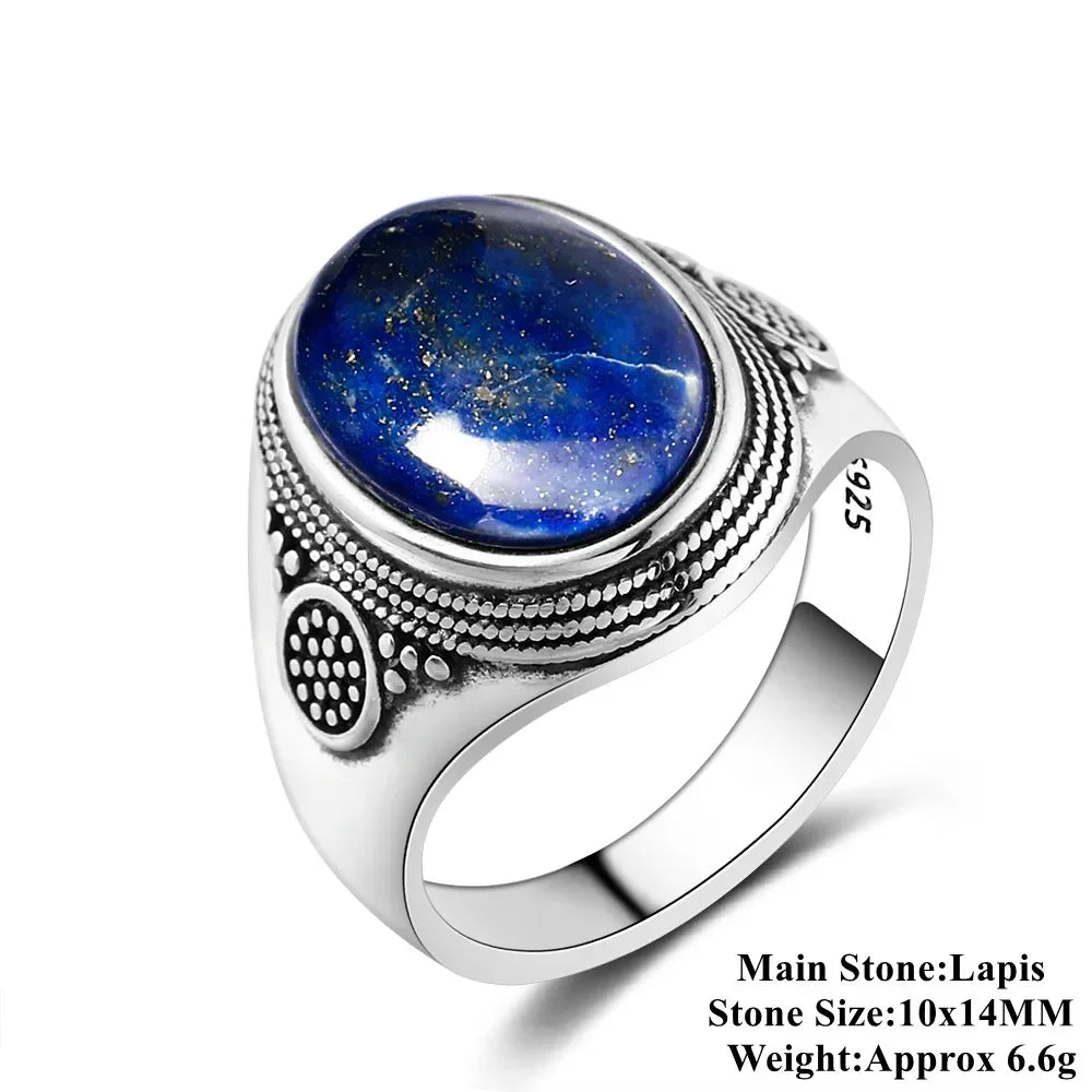 Sterling Silver 925 Ring Natural Big Oval Lapis Rings for Men Retro Luxury Fine Jewelry Party Anniversary Gift