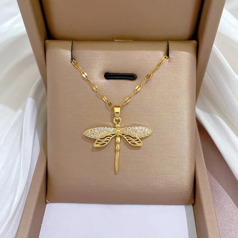 316L Stainless Steel Personality Dragonfly Pendant Necklace For Women Fashion Girls Clavicle Chain Party Jewelry Gifts