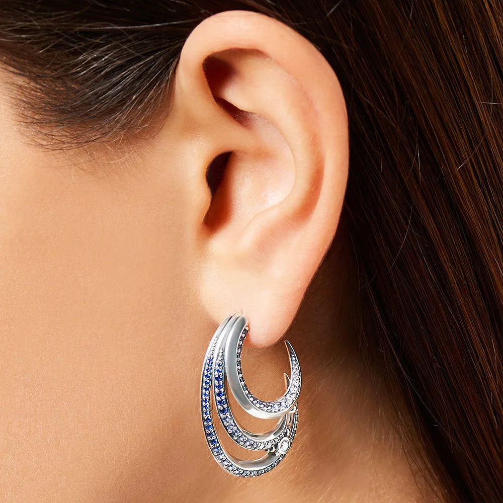 Creole Hoop Earrings Wave with Blue Stones Europe Style Fine Jewelry For Women Bohemia Gift In Solid 925 Sterling Silver