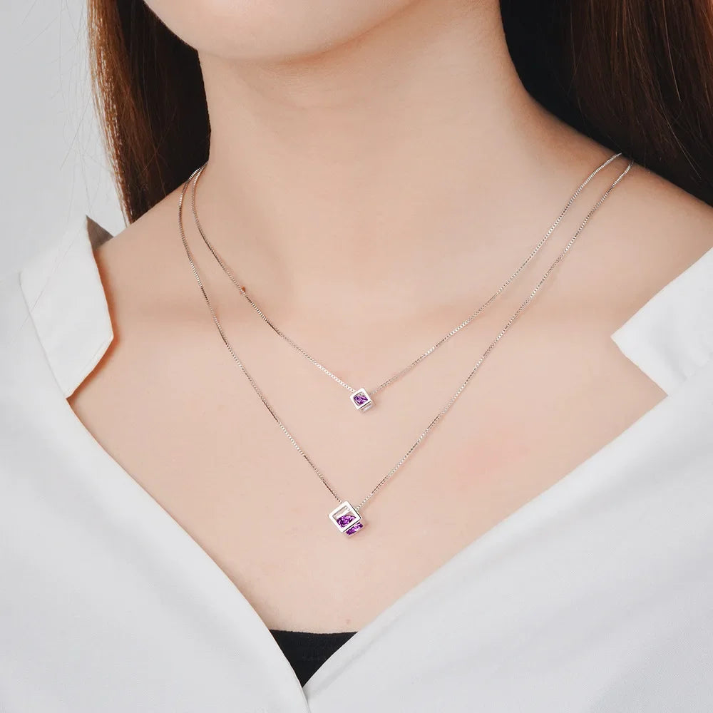 S925 Sterling Silver Love Cube Pendant For Women Double-Layer Clavicle Chain Pendant Necklace Necklace (40cm+3.5cm)