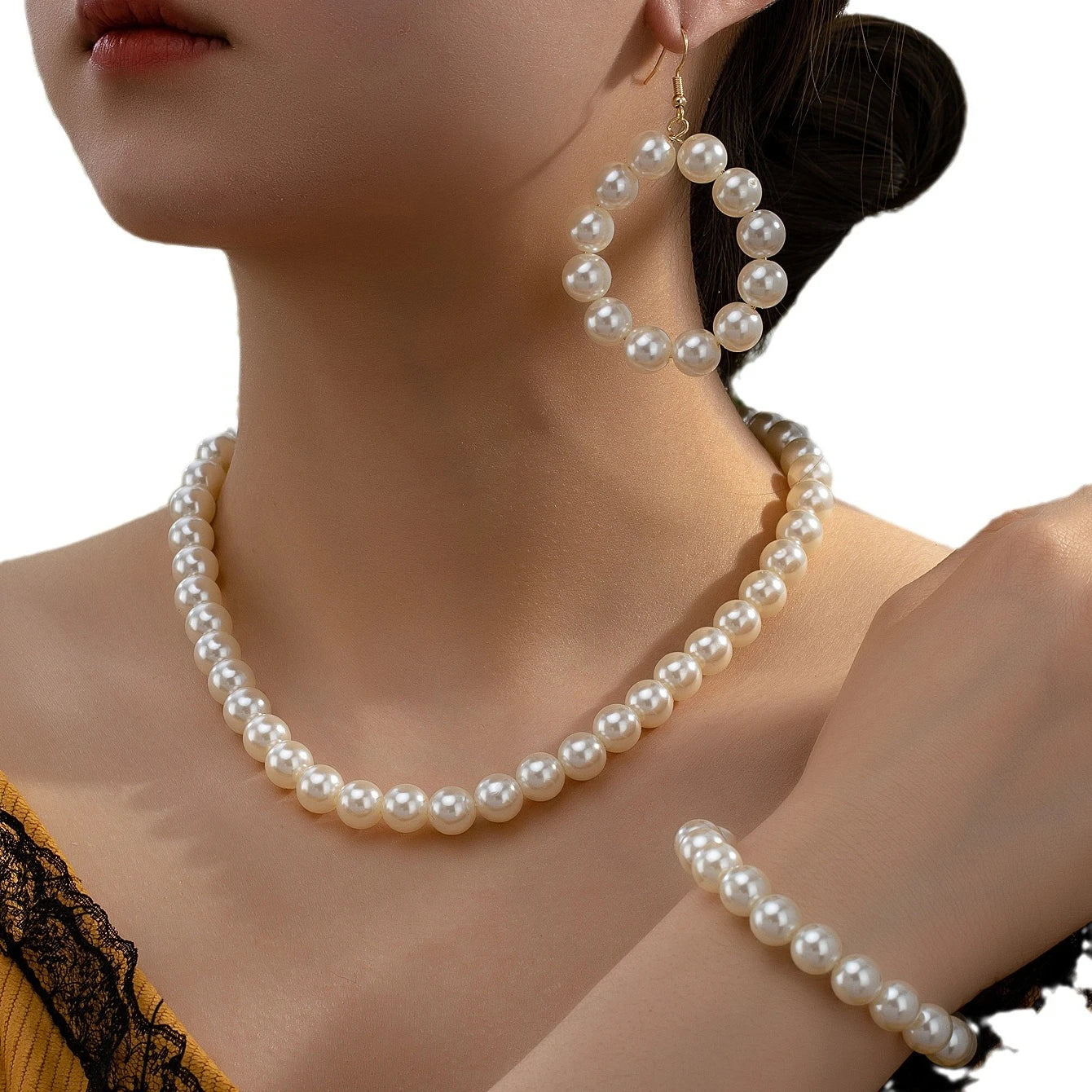 Jewelry Set For Women Imitation Pearl Necklace Bracelet Stud Earrings Retro Fashion Temperament Party Gift OL Holiday