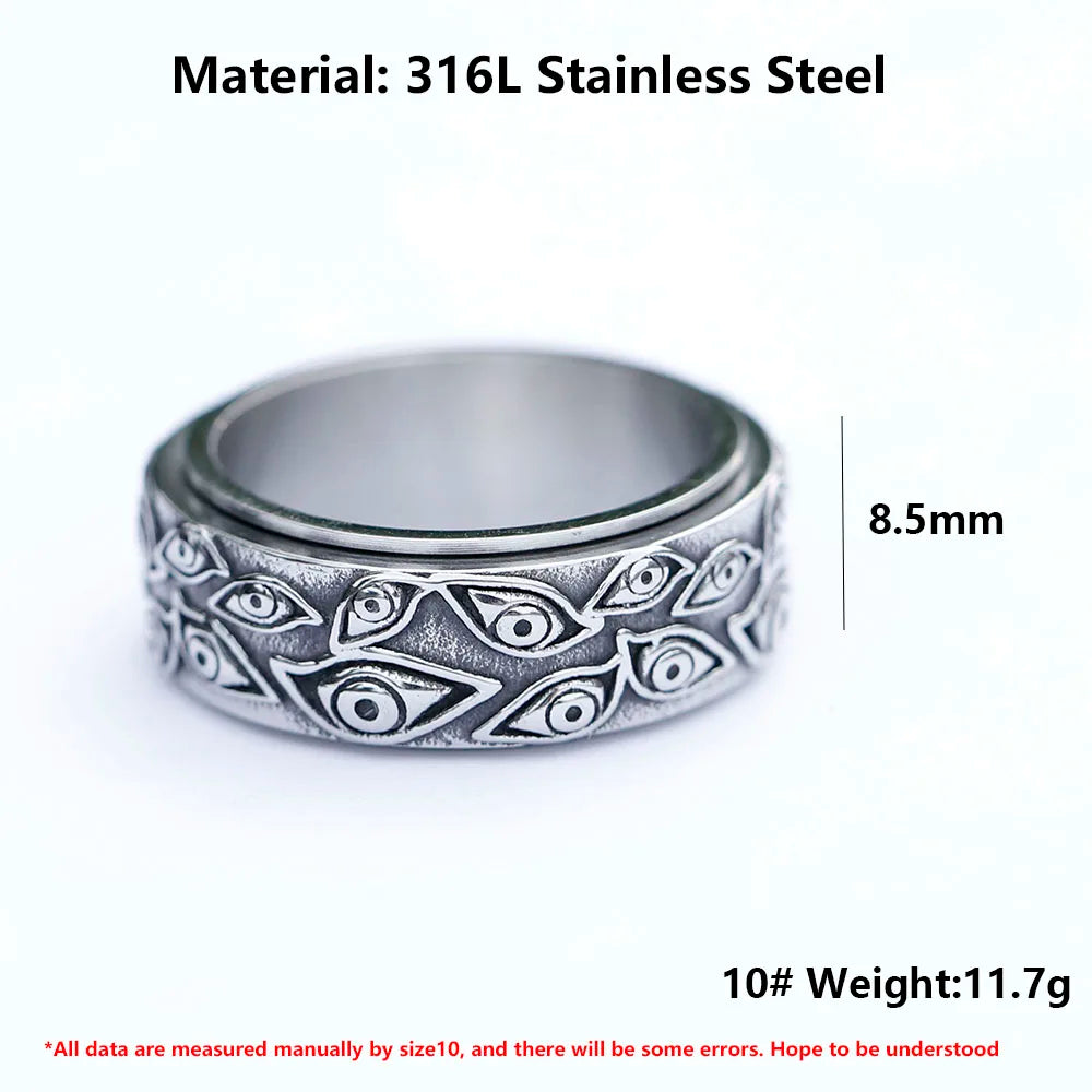 NEW Men's 316L stainless-steel Rotatable rings Japanese Mythology Carved Eyes ring for teens fashion Jewelry