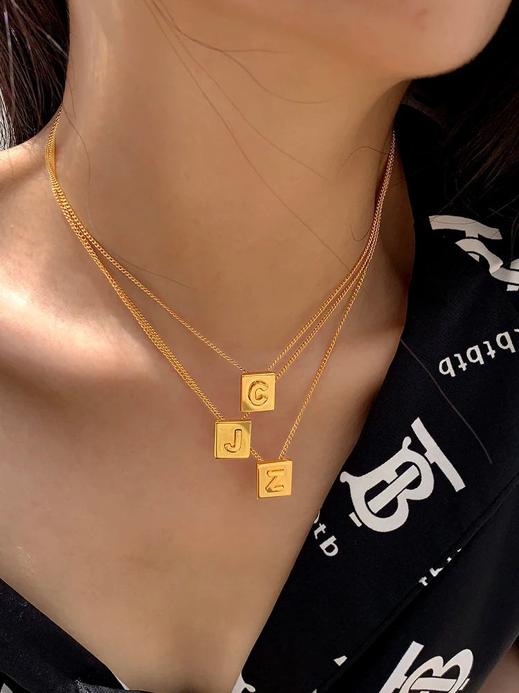 European and American Non Fading Gold Color Square Letter Pendant Stainless Steel Necklace For Womans Fashion Jewelry Necklace